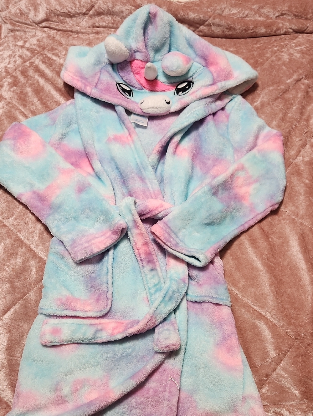 Kids Plush Unicorn Hooded Robe in Pink & Blue Tie-Dye M (7-8)